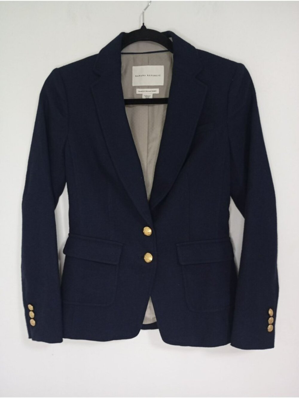 Banana Republic Navy Blue Blazer 00P Gold Button Wool Blend Stretch Petite